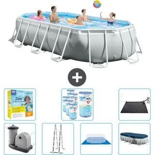 Intex Oval Prism Frame Swimmingpool – 503 x 274 x 122 cm – Grau – inklusive Pumpe – Leiter – Bodenplane – Abdeckung Wartungspaket - Filter - Solarmatte