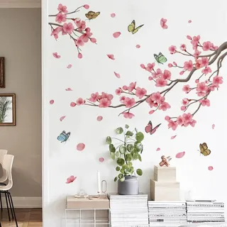 Runtoo Wandtattoo Kirschblüte Wandsticker Blumen Wandaufkleber Blumenranke Wohnzimmer Schlafzimmer Kinderzimmer