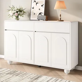 RAPRAP 140cm Sideboard mit Bogenform, 4 Türen & 2 Schubladen, Höhenverstellbare Regale, Metallkugelfüße, Pflegeleicht, Modernes Design Sideboard für Wohnzimmer, Küche oder Flur,Weiß,B