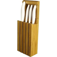 Kyocera 3in1 Bambus Messerblock | inkl 4 Keramik Messer Weiß | Santokumesser, Universalmesser, Gemüsemesser, Schälmesser | zum Hinstellen, Aufhängen oder Hinlegen in der Schublade | 34x12,3x6,6 cm