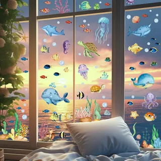 Hianjoo Fensterbilder Selbstklebend Sommer Deko, Fenster Aufkleber Dekorationen, 9 Blätter Fenstersticker Wiederverwendbar Fensterdeko für Kinderzimmer