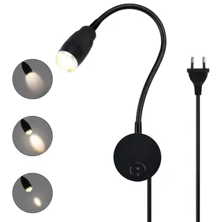 Leselampe Bett Wandmontage Einstellbarer Fokus Flexible Schwanenhals Wandleuchte LED Wand Leseleuchte mit Stecker und Schalter, 3W Bettleuchte aus Aluminium für Schlafzimmer, Bett, 3000K (Schwarz)