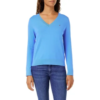 Tommy Hilfiger Damen Pullover Jersey V-Neck Strickpullover, Blau (Iconic Blue), L