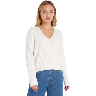 Tommy Hilfiger Damen Pullover V-Neck Sweater Strickpullover, Weiß (Ecru), L