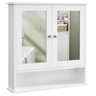 VASAGLE Spiegelschrank, Badschrank, Wandschrank, Hängeschrank mit 2 Spiegeltüren und offenem Fach, verstellbare Ablage, Wandmontage, 15 x 65 x 75 cm, weiß LHC012W01