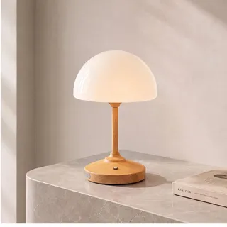 Dawnwake Pilzlampe LED Tischlampe Kabellos, 5000mAh Touch Dimmbare Akku Tischlampe für Schlafzimmer, Outdoor Wasserdicht Kleine Lampe für Wohnzimmer, Camping, 3-Stufiger Dimmung, Holzfarbe