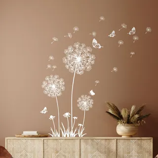 Tanlaby Löwenzahn Wandsticker Weißer Blumen Wandtattoo Pusteblume Schmetterlinge Wandaufkleber für Wohnzimmer Schlafzimmer Büros Sofa Hintergrund Hause Wanddekoration