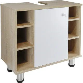 Waschbeckenunterschrank "Berta" Holz/Eichen Optik eintürig, mit Seitenfächern - Braun
