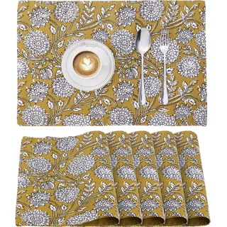 JEMIDI 6er Set Tischset mit Blumenmuster - 6 Tischsets aus Baumwolle - 6X Boho Platzdeckchen Platzset aus Stoff Floral Design - Tisch Sets Platzsets Placemats - Gelb