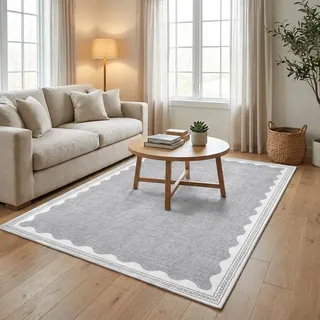 Moderner Teppich Wohnzimmer 120x170cm Grau Waschbarer für Wohnzimmer | Rutschfeste, Gezackt, Kurzflorige, Fleckenabweisende, Faltbare Fußmatte, Farbecht, für Schlafzimmer, Büro, Arbeitszimmer