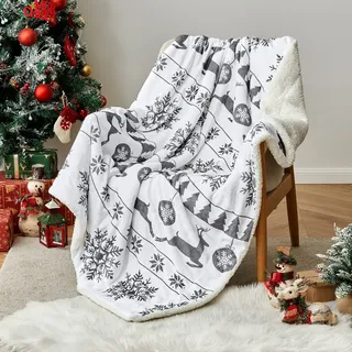 MIULEE Kuscheldecke Weihnachts Sherpa Decke Warme Lammdecke Wohndecke Davidshirsch Weihnachtsbaum Schneeflocken Muster Sofadecke Dicke Tagesdecke Couchdecke Überwürfe für Sofa Bett 150x200 cm Grau