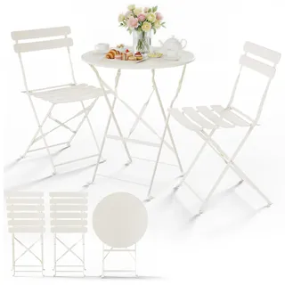 VOUNOT® Bistroset 3-teilig, Klappbar Bistrotisch mit 2 Stühlen, Metall Bistro Set Outdoor, Gartenmöbel Set, Sitzgruppe für Balkon, Terrasse, Garten & Wohnraum, UV- und wetterfest, Creme