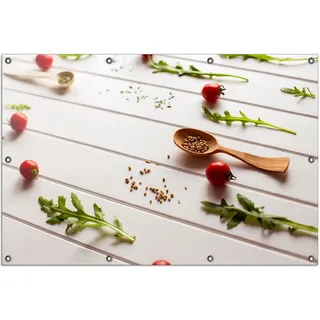 Wallario Outdoor-Poster für Garten oder Balkon, Motiv Küche Ruccola, Tomaten und Gewürze, in ca. 100 x 150 cm - Braun
