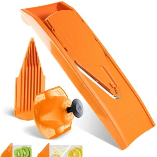 Börner Gemüsehobel V1 (Basis Set) • V-Hobel mit 2 Einsätzen & Fruchthalter • Verstellbarer Küchenhobel für Gemüse & Obst • Gemüseschneider für Scheiben in 3 Stärken • Farbe: Orange