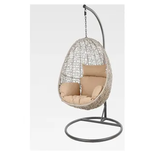 Hängesessel für Innen und Außen, Loungesessel aus Polyrattan mit Gestell und Kissen (grau/beige)