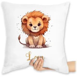 Kissen 40x40 Zierkissen - Süßer Löwe mit Name personalisiert I Löwen Geschenk I Zootiere I König der Tiere I LEU - 40 x 40 cm - Weiß - löwenmotiv Tier Leon kissenhülle kinderkissen Lion