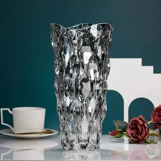 Glas Blume Vase, 24cm hohe Moderne Minimalistische Glasvase Mordische Kristall Dekorative Handgemachte Blumenarrangement für Home Office Dekor, Geschenk für Hochzeit Housewarming feiern (Grau-1)
