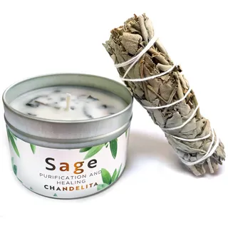 Chandelita Set Weißer Salbei & Salbei Duftkerze für Meditation & Spirituelle Reinigung – Handgemachte Duftkerzen aus Sojawachs – Vegane Kerze mit Ätherischen Ölen – Aromatherapie Candle – Chakra Kerze