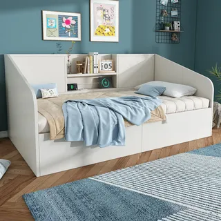 okwish Schlafsofa 90x200 Tagesbett mit abgerundeten Ecken und drei USB-Anschlüssen,Daybett Jugendbett mit 2 Ablagen und Bettkasten,Weiß(ohne Matratze) - Weiß