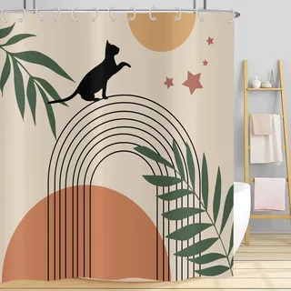 Hnmdmyi Duschvorhang Boho 120x200, Mid Century Abstrakt Schwarz Katze Grün Blatt Bogen Sonne Mond Beige Badewanne Vorhang Modern Minimalistisch Geometrisch Ästhetisch Kunst Badevorhang mit Haken