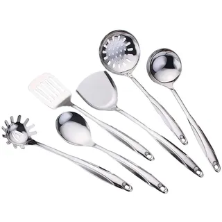 Abcsea 6 Stück Kochbesteck Edelstahl Kochset, Kochlöffel set Servierlöffel Edelstahl, Küche Wender, Edelstahl Küchenspatel, Geschlitzter Löffel, Küchenhelfer-Set, Hohlgriff