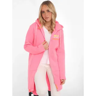 Jerseymantel ZWILLINGSHERZ "Smile Happiness Laugh", Damen, Gr. SM (S/M), pink (neonpink), Sweatware, Obermaterial: 50% Baumwolle, 50% Polyester, comfort fit ca. Mitte Oberschenkel, V-Ausschnitt, Mäntel Jerseymantel, mit positiver Botschaft, gesticktes Motiv hinten und vorne, Topseller