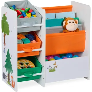 Relaxdays Kinderregal mit 3 Boxen, 4 Taschen, 1 Fach, Spielzeugregal Kinderzimmer, HBT: 64x64x30 cm, Kistenregal, bunt