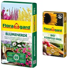 Floragard Blumenerde 70 Liter - Premium Universalerde mit Ton und Langzeitdünger & Bio Kompost-Erde 50 Liter – Pflanzerde für Blumen, Gemüse und Gehölze – mit Bio-Dünger - Gartenerde