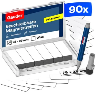 GAUDER Magnetetiketten beschreibbar - Wiederverwendbare Magnetschilder zum Beschriften für Whiteboard, Tafel, Kanban-Board und Kühlschrank - Magnetkarten mit Marker (90 Stück - 75 x 25 mm)