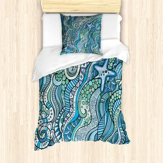 ABAKUHAUS Blau Mantele, Unterwasser-Tierwelt Ethnische, Milbensicher Allergiker geeignet mit Kissenbezügen, 135 cm x 200 cm - 80 x 80 cm, Türkis-Blau-Lavendel - Blau