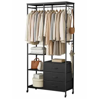 Mintnook Stabiler Kleiderschrank, verstellbare Regale, Haken, Black | Kleiderständer auf Rollen,Verstellbare Regale,Einfache Montage,Stabil & standfest,Multifunktionale Aufbewahrung