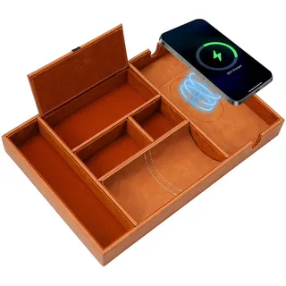 TRIXES Hellbraunes Valet-Tablett - Veganes Leder mit integriertem kabellosem Smartphone-Ladegerät – 33,5cms x 23,5cms - Nachttisch-Organizer für Telefone, Schlüssel, Uhren, Geld und mehr...