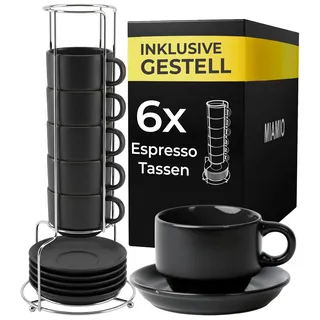 MIAMIO - 6 x 75 ml Espressotassen Set/Espresso Tassen Set mit Untertasse & Ständer - Kaffeetassen Set 6er Kaffeebecher Keramik - Le Papillon Kollektion (Schwarz)