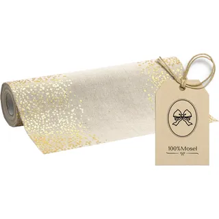 100%Mosel Tischläufer Leinenoptik Natur, Punkte in Gold, (28 cm x 5 m), Tischband, edle Tischdeko für Weihnachten & Adventszeit, Festliche Dekoration zu besonderen Anlässen