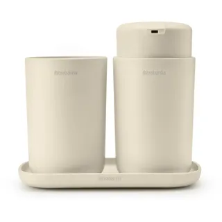 Brabantia - Renew Bad-Accessoires-Set - Seifenspender, Zahnbürstenhalter & Ablage - Tropffreier Pumpmechanismus - Rutschfester Boden - Korrosionsbeständig - 3er-Set für das Badezimmer - Soft Beige