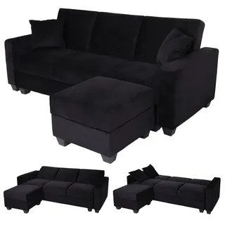 Mendler Sofa HWC-H47 mit Ottomane, Couch Sofa Gästebett, Schlaffunktion Stauraum 217x145cm Samt schwarz
