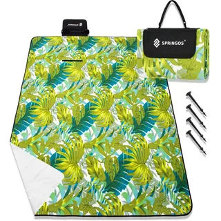 SPRINGOS Picknickdecke 200x200 cm mit Polar- und Aluminium-Isolierung, wasserabweisend, leicht & kompakt, Verstellbarer Tragegriff, 4 Bodenanker, trendiges Blättermuster, Camping und Garten