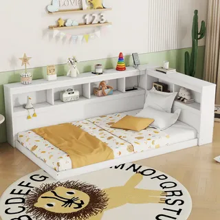 okwish Schlafsofa Daybett 90x200cm mit Lattenrost aus holz , Tagesbett Kinderbett Jugendbettmit Steckdose und 2 USB-Anschlüssen(Ohne Matratze)- Weiß - Weiß