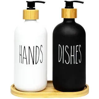 Intirilife Seifenspender SET 500ml mit Tablett (3-tlg.) , Weiß, Schwarz , Glas , 8.8x20.6x17.4 cm , Badaccessoires, Seifenspender