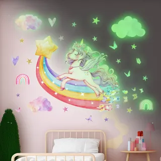 Regenbogen Leuchtsticker Leuchtender Einhorn im Dunkeln Leuchtender Einhorn-Wandaufkleber Wandtattoo Regenbogen Einhorn Wasserdicht Fluoreszierende Aufkleber Leuchtende Aufkleber für Raumdekoration