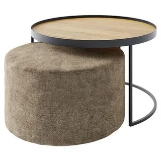 Novel Couchtischset , Braun, Eichefarben , Textil , 2-teilig , Eiche , massiv , rund , C-Form , 80x39x80 cm , Wohnzimmer, Wohnzimmertische, Couchtische, Couchtische rund