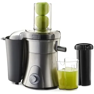 Avilia Elektrischer Abzieher mit 2 Karaffen à 500 ml und 1,5 l – 2 Geschwindigkeiten, Abfallbehälter 1,5 l, Sieb 0,5 l, 800 W, aus Edelstahl, 34 x 20,5 x 41 cm