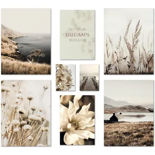 ARTFAVES® Poster Set - BEIGE VINTAGE NATURE - mehrteilige Wanddeko Wohnzimmer & Schlafzimmer - 8 moderne Wandbilder Natur, Blüte, Pflanzen, beige, See - ohne Bilderrahmen