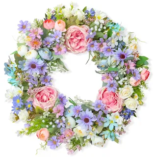 Frühlingskranz für die Haustür, 45 cm Rose Hortensie Künstliche Blumen Kranz, Künstlicher Kranz, Frühlings Sommer Türkranz für Freien Haustür Home Decor