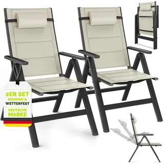 tillvex Gartenstuhl mit Polster Premium 2 Stück Beige klappbar aus Aluminium | Hochlehner mit Armlehnen | Klappstuhl verstellbar | Klappsessel Balkon Garten Terrasse
