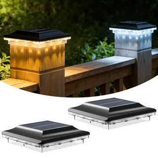 2er Pack Solar Pfostenleuchten Außen, LED Pfostenkappen Solar 9x9 10x10, IP44 Wasserdichte Pfostenlampe mit 3 Farbmodi (Kaltweiß/Warmweiß/Mischlicht), Säulenleuchte für Terrasse Zaun Pfosten