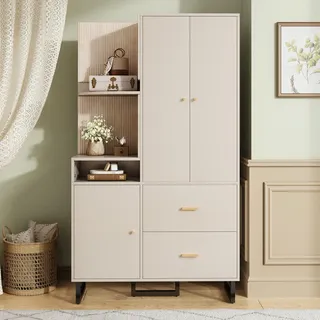Fortuna Lai Kompaktgarderobe mit Spiegel – Flurgarderobe und Dielenschrank mit Gepolsterten Paneelen und Schuhschrank, 110 x 186 x 38 cm für Flur und Diele