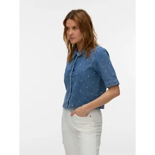 Jeansbluse VERO MODA "VMDIONNE 2/4 EMB DENIM SHIRT RA375", Damen, Gr. M, medium blau denim aop:heart, Denim/Jeans, Obermaterial: 99% Baumwolle, 1% Elasthan, bestickt, regular fit taillenbedeckt, Blusen Jeansbluse, Baumwollmischung, regular fit, Stickerei