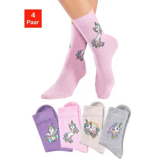 Basicsocken H.I.S "Kinder Mädchen Lustige bunte Socken", Damen, Gr. 23-26, bunt (1x ecru, 1x rosa, 1x lila, 1x hellgrau, meliert), Baumwolle, Baumwollmischung, Elasthan, Polyamid, gemustert, elastisch, Socken Basicsocken, mit Einhorn Motiven aus Baumwolle, Topseller