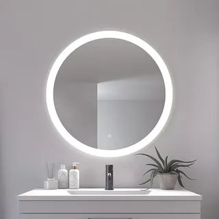 Loevschall Vega LED Badspiegel, Smart Mirror mit Touch-Schalter, Spiegel Rund 80 cm, Badezimmerspiegel mit LED-Front- und Hintergrundbeleuchtung, Breiter Lichtrahmen, Warmweiß 3000K Licht